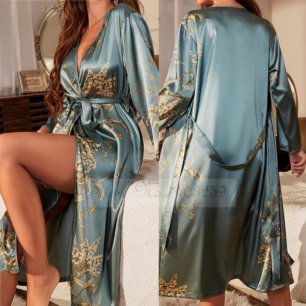 Black Floral Print Satin Long Robe