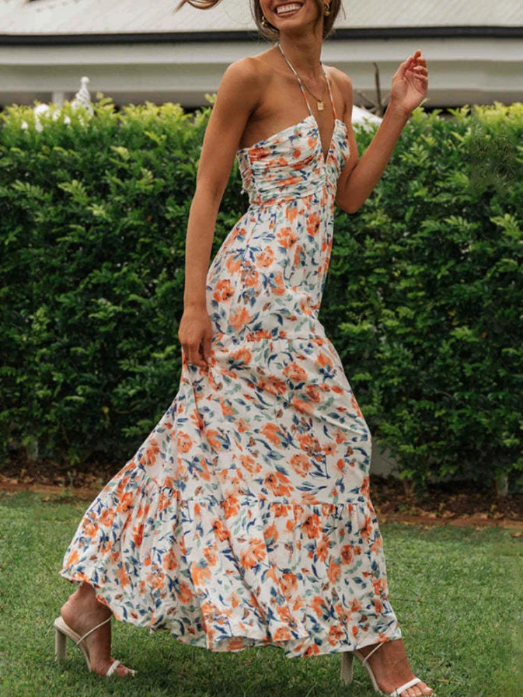Chiffon Halter Floral Maxi Dress