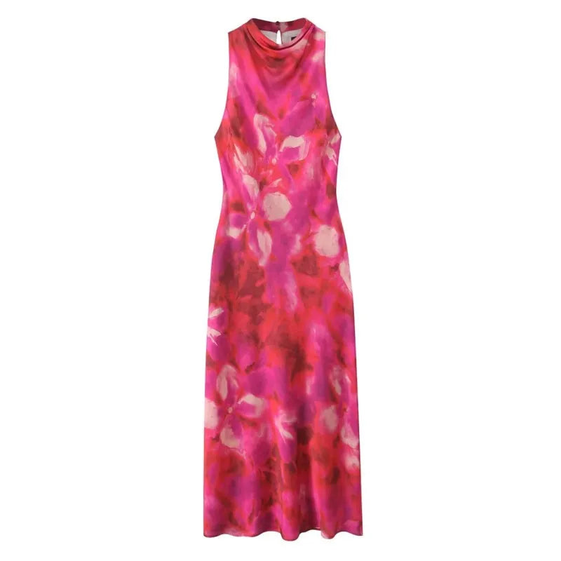 Elegant Printed Satin Midi Dress