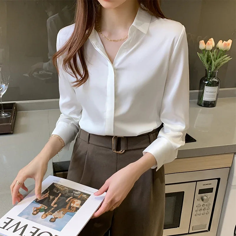 Korean Satin Long Sleeve Blouses