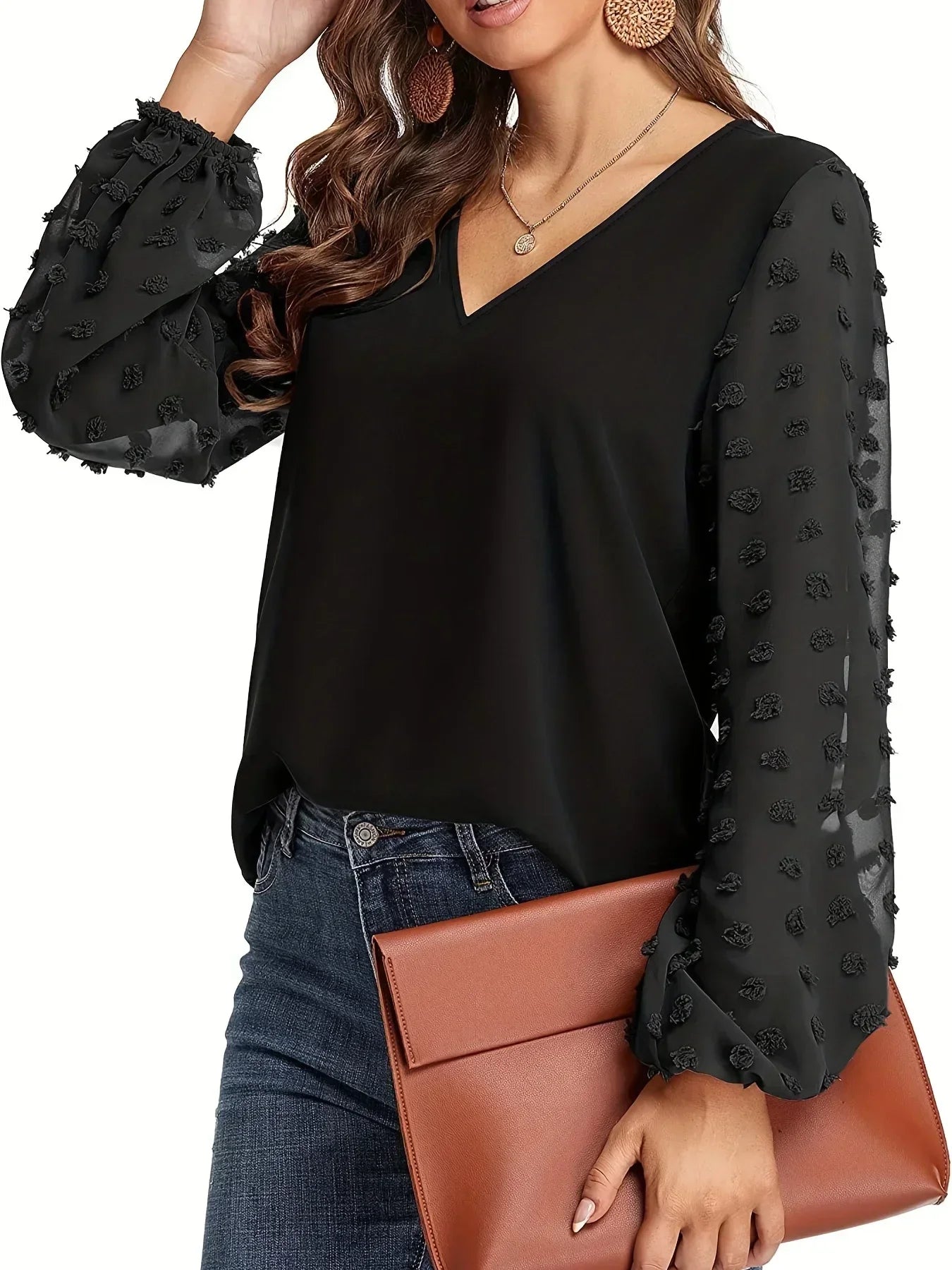 Plus Size V-Neck Swiss Dot Sleeve Shirt