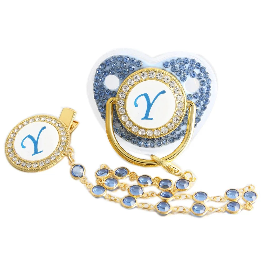 Blue Letter Pacifier with Beaded Gem Clip