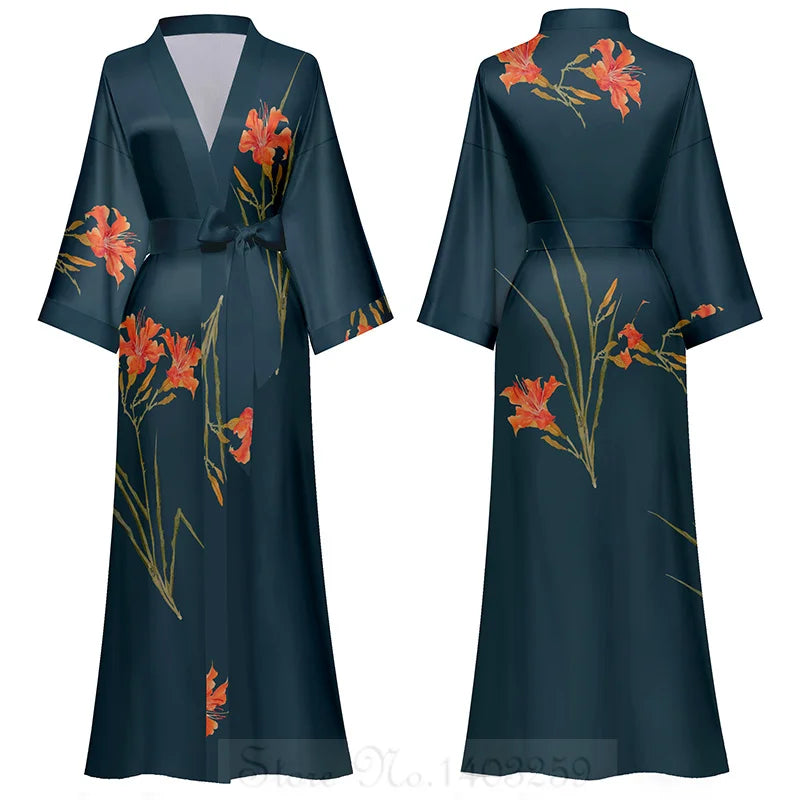 Black Print Flower Long Robe Nightgown Spring Summer Half Sleeve Kimono Bathrobe Gown Women Sexy Rayon Home Dress Loungewear