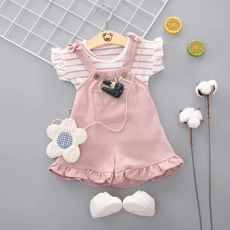 Cute Toddler Girl T-shirt and Suspender Shorts Outfit Set