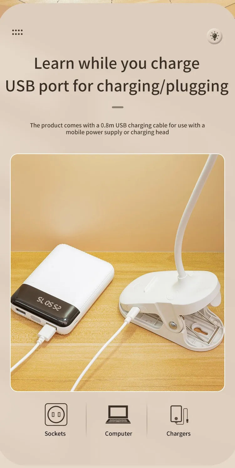 USB Rechargeable Desk Lamp with Clip Bed Reading Night Light