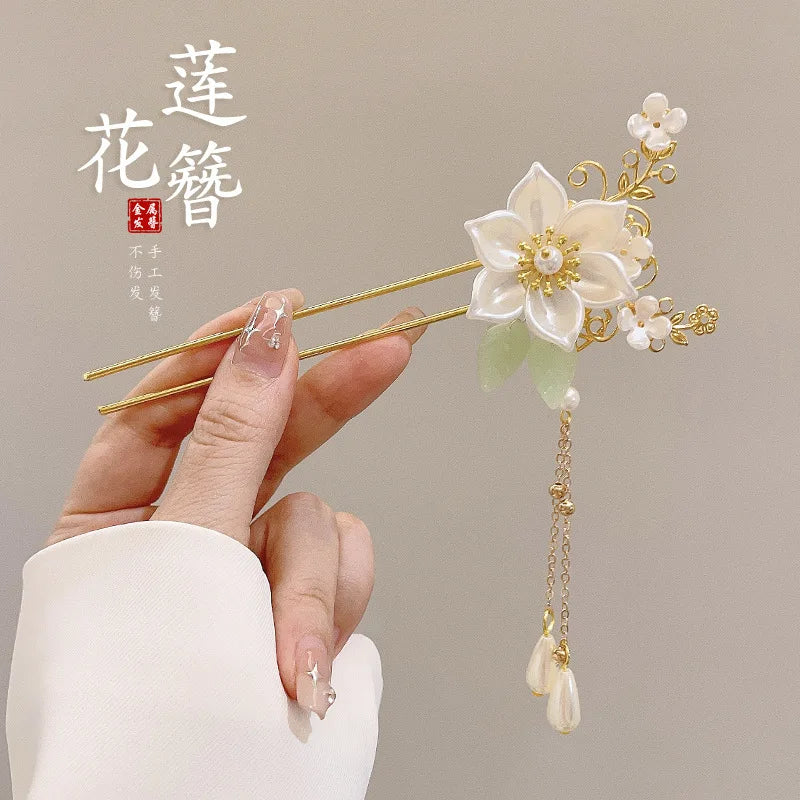 Elegant Chinese Enameled Flower Tassel Hairpin