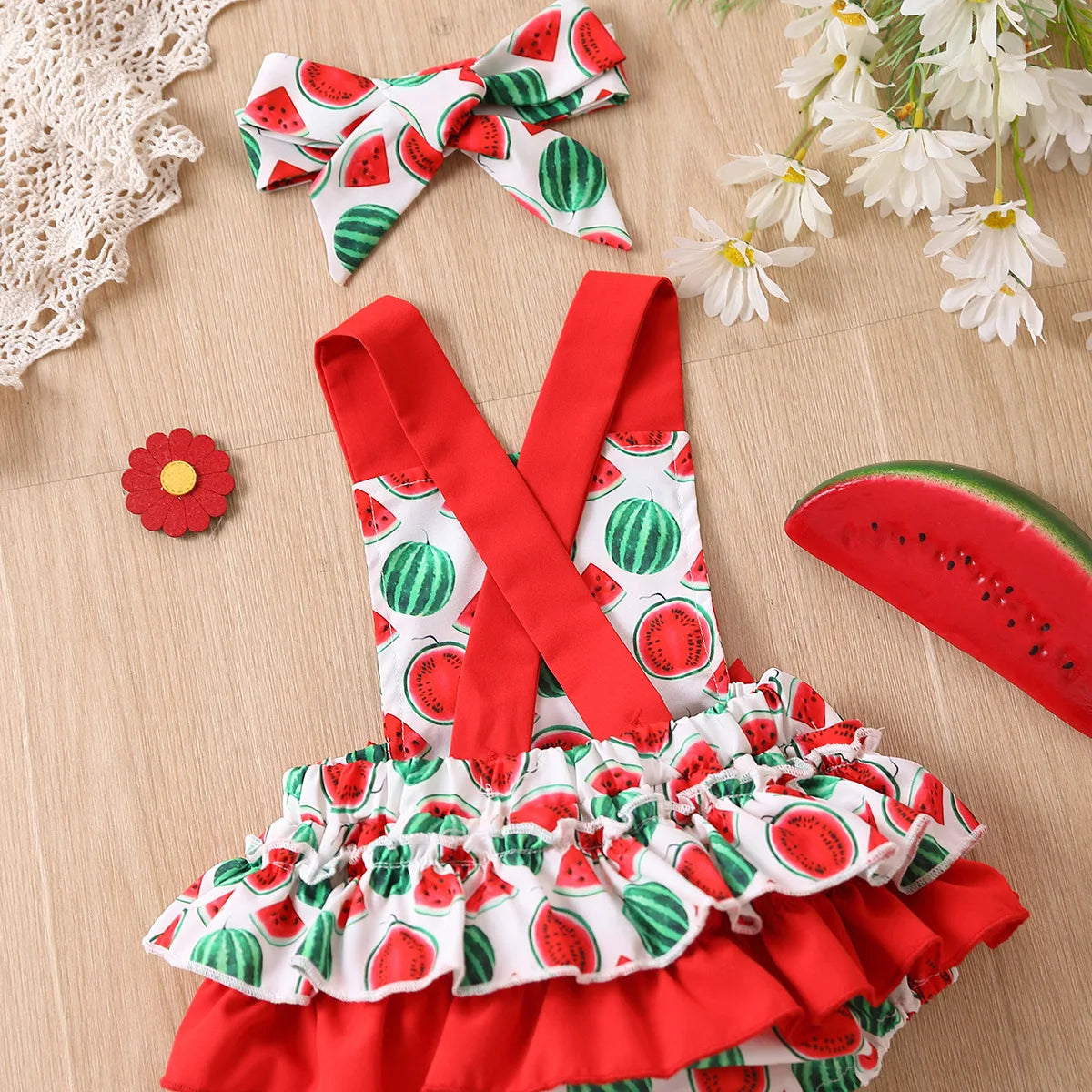 Summer Watermelon Printed Romper and Hairband Set