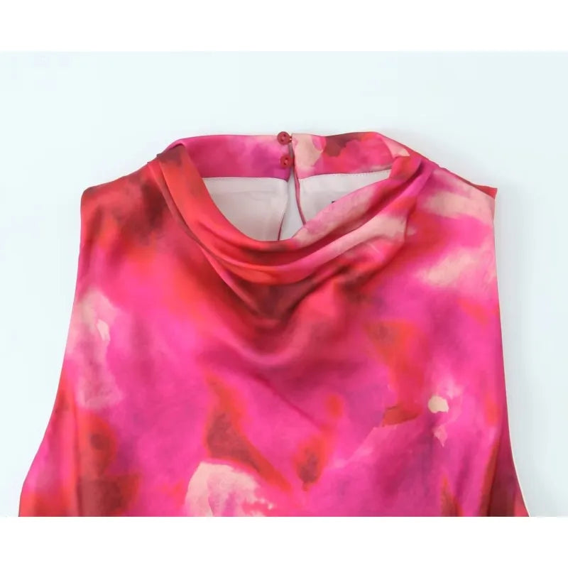 Elegant Printed Satin Midi Dress