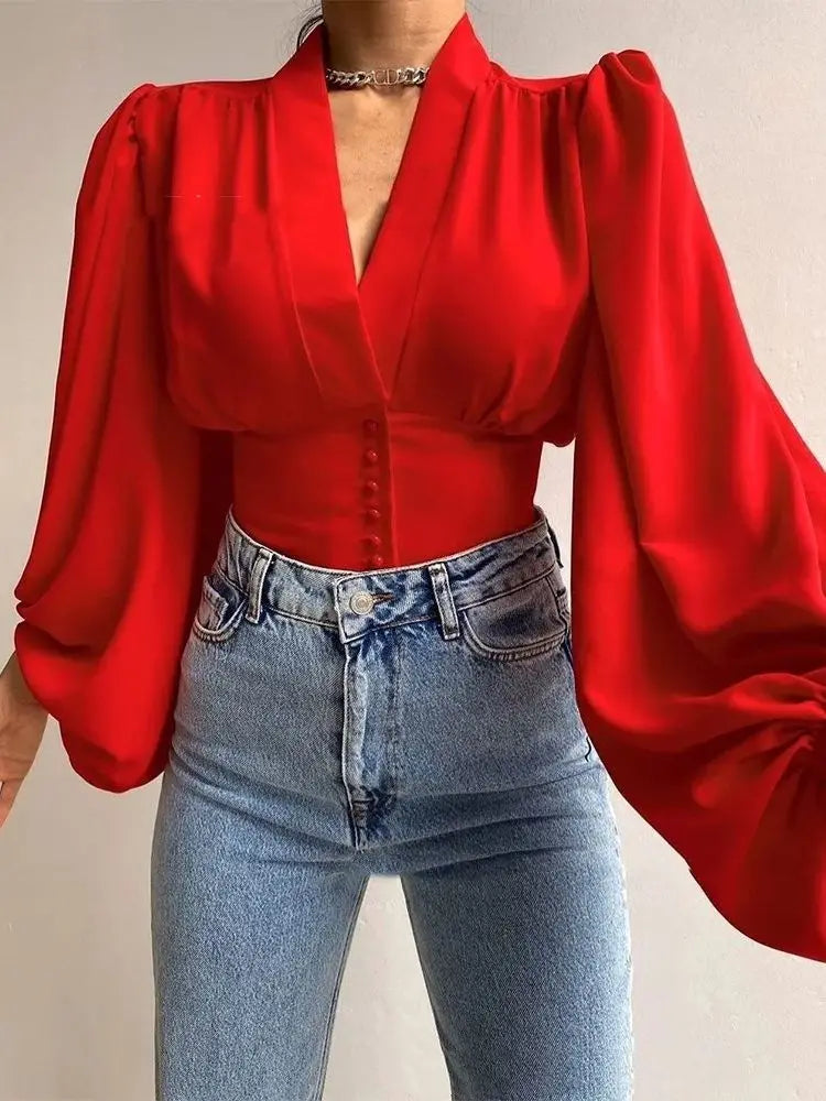 Red Satin Lantern Sleeve Blouse