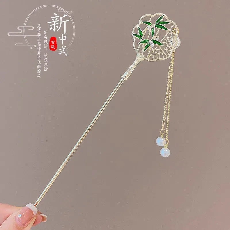 Elegant Chinese Enameled Flower Tassel Hairpin