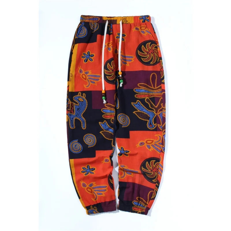 Boho Tribal Print Linen Jogger Pants