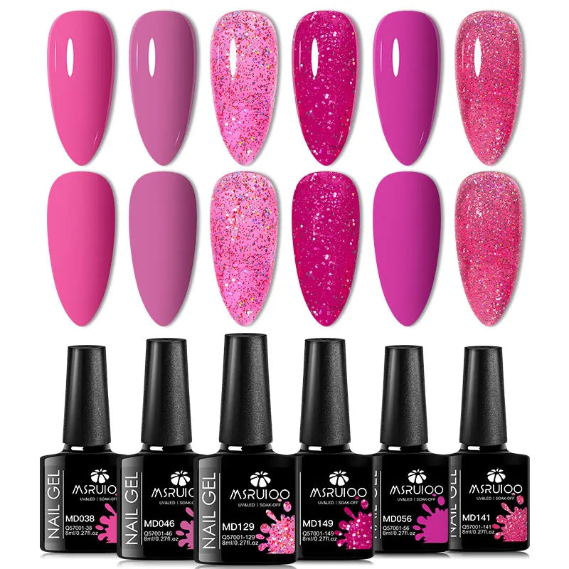 6-Piece Nude Pink Red Glitter Gel Nail Polish Set