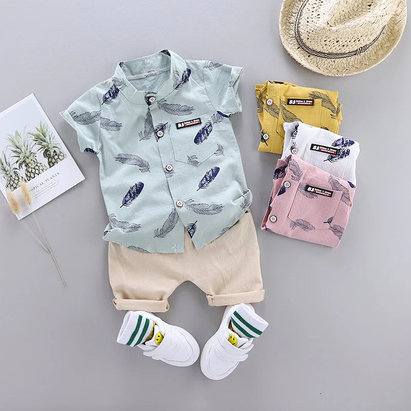 Summer Baby Feather Print Shirt and Shorts Set