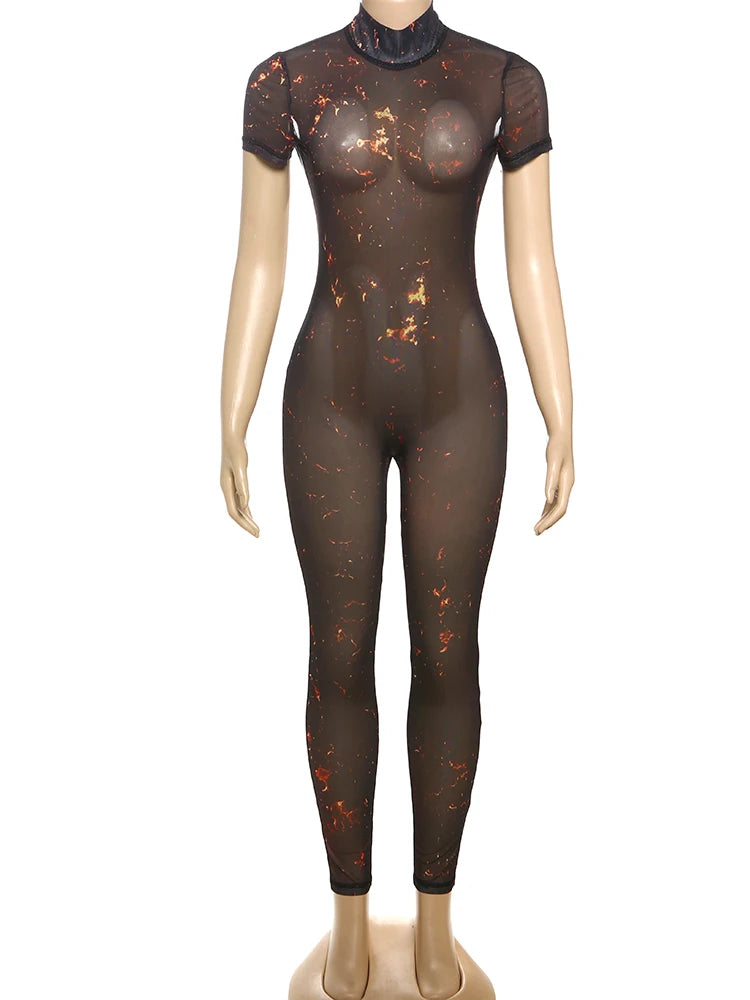 Colorful Print Mesh Backless Jumpsuit