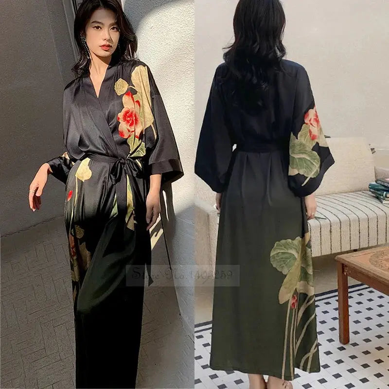 Black Print Flower Long Robe Nightgown Spring Summer Half Sleeve Kimono Bathrobe Gown Women Sexy Rayon Home Dress Loungewear
