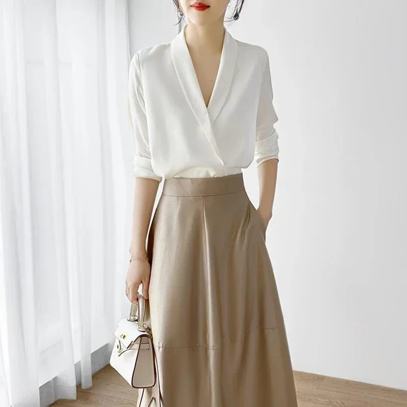 Elegant V-Neck Silk Satin Tunic Blouse