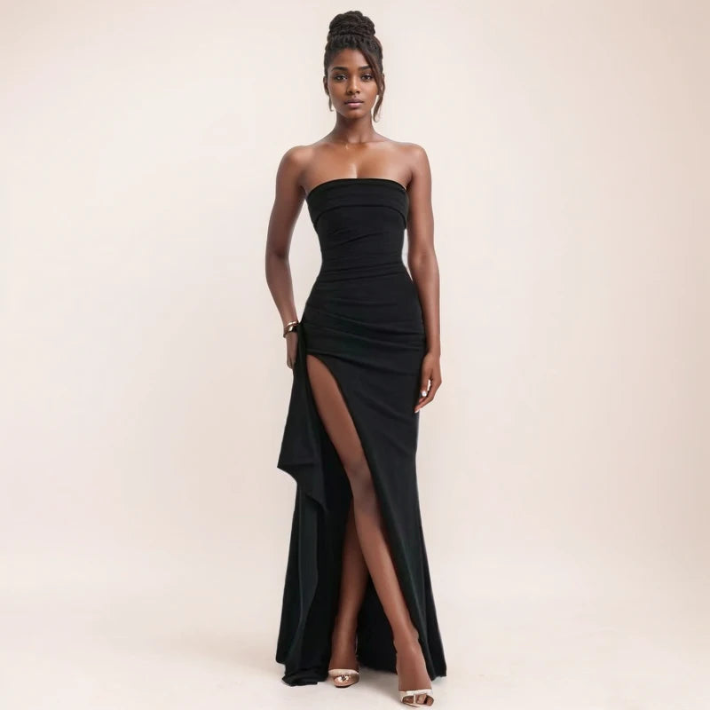 Elegant Strapless Backless High Slit Dress