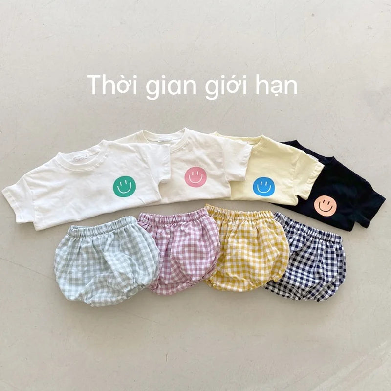 Summer Baby Smile T-Shirt and Plaid Shorts Outfit Set