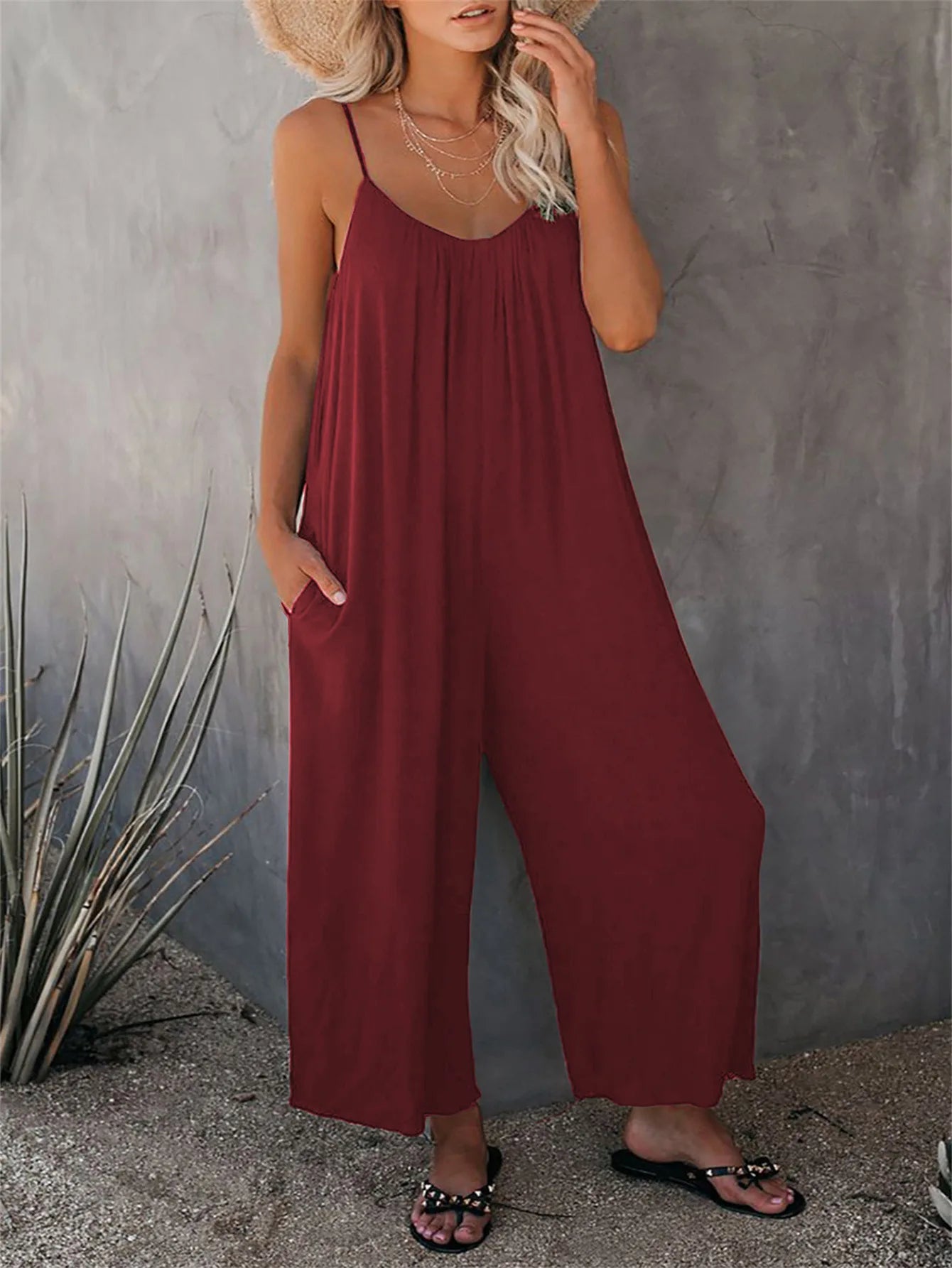Summer Solid Color Pocket Jumpsuit