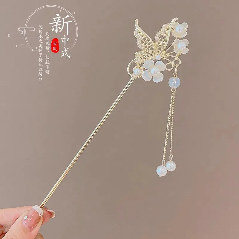 Elegant Chinese Enameled Flower Tassel Hairpin