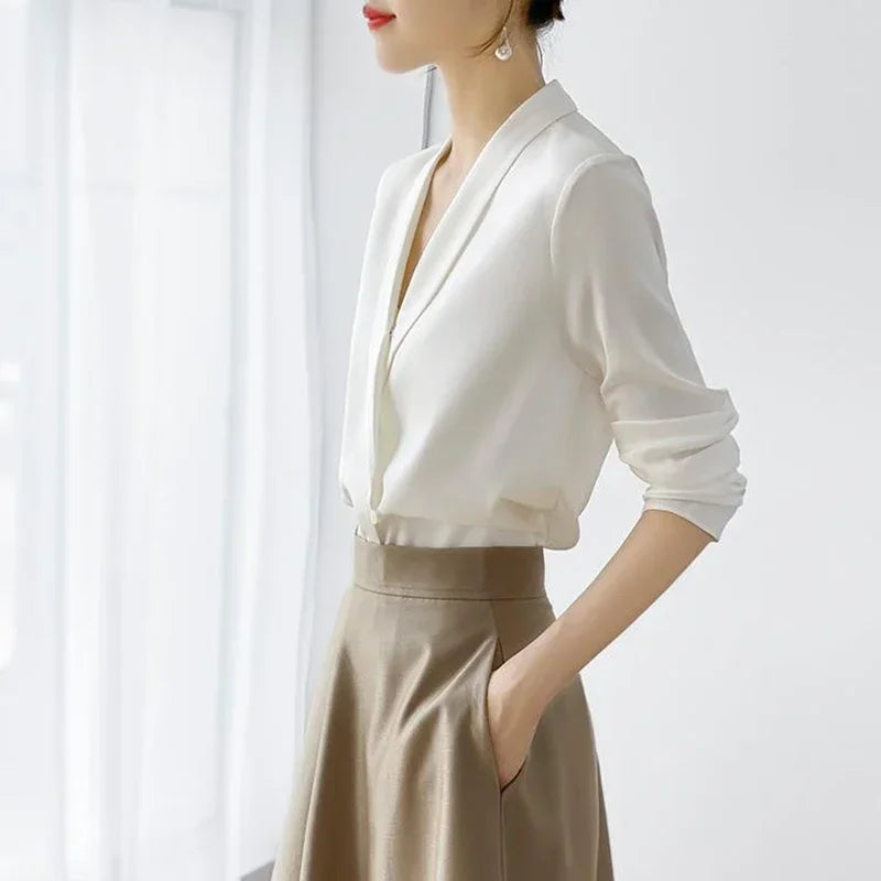 Elegant V-Neck Silk Satin Tunic Blouse