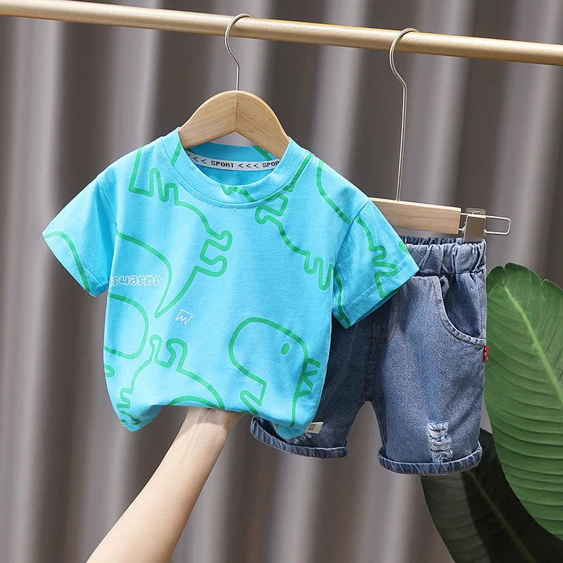 Summer Dinosaur T-shirt and Denim Shorts Outfit Set