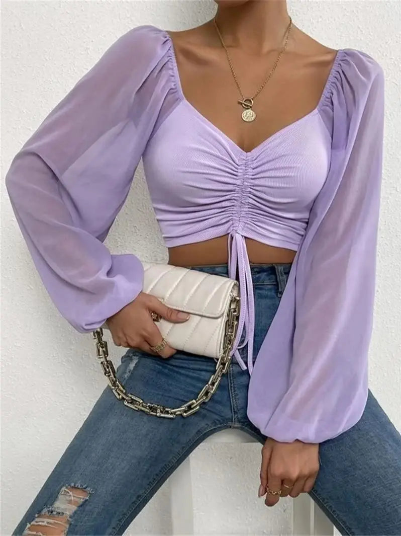 Lace-Up V-Neck Puff Sleeve Top