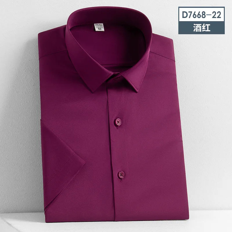 5XL Silk Smooth Formal Dress Quality Social Summer Short Sleeve Men's Shirt Business Slim Fit Casual Pure White Non iron