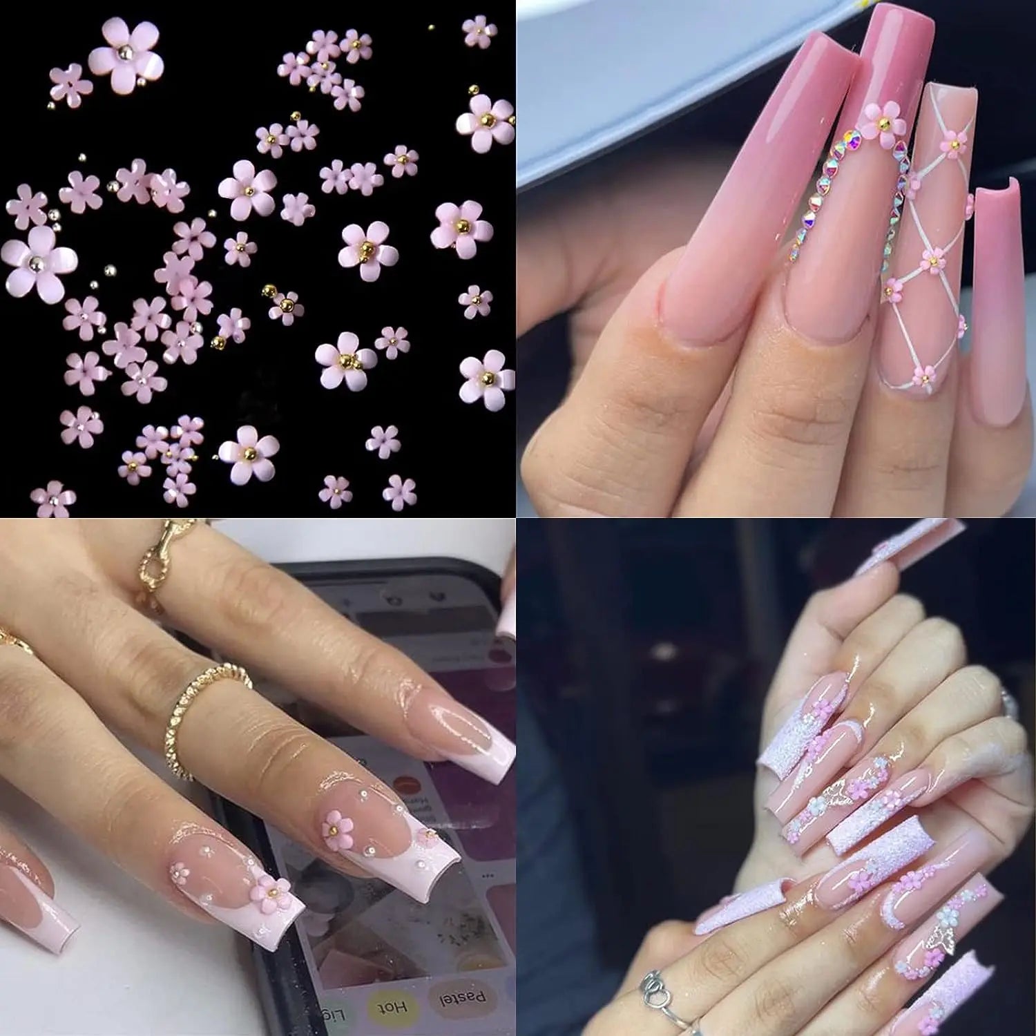 3D Pink and White Flower Nail Art Charms