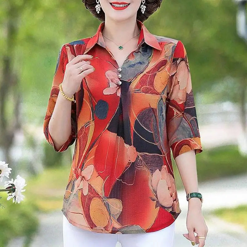 Vintage Floral Print Turn-Down Collar Loose