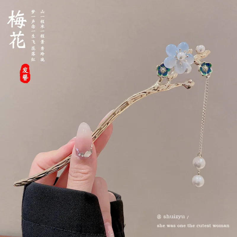 Elegant Chinese Enameled Flower Tassel Hairpin