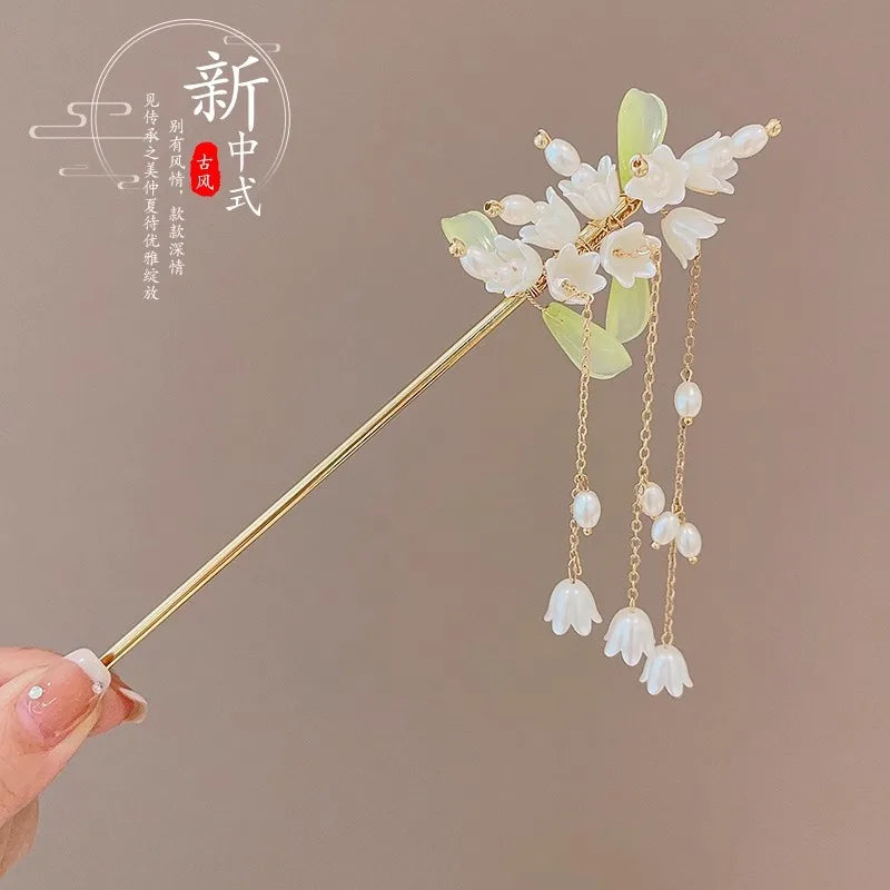 Elegant Chinese Enameled Flower Tassel Hairpin