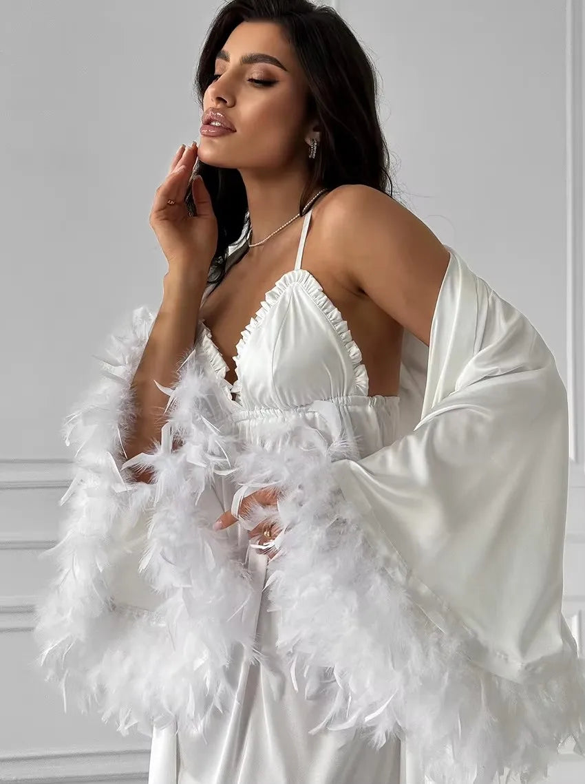 Elegant Wedding Bride Feather Kimono Robe