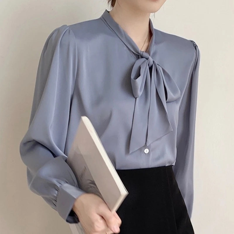 Blue Satin Bow Blouse