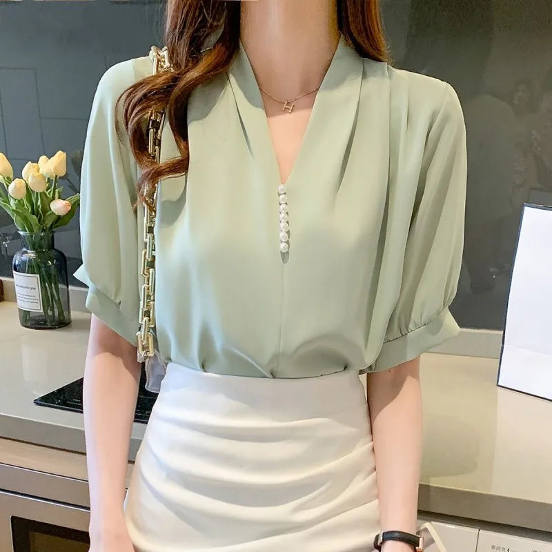 Summer V-Neck Puff Sleeve Blouse