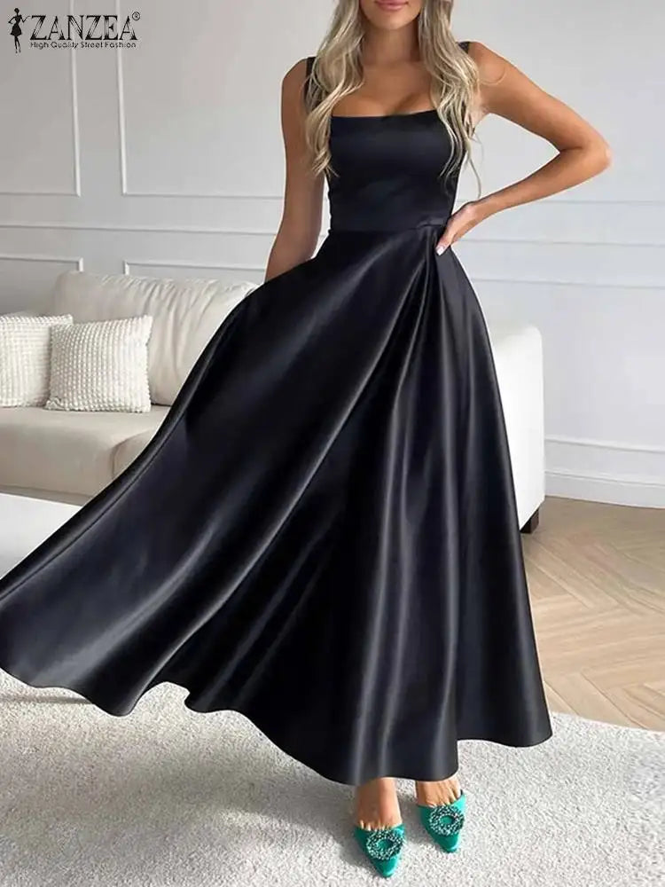 Elegant Satin Silk Square Neck Maxi Dress