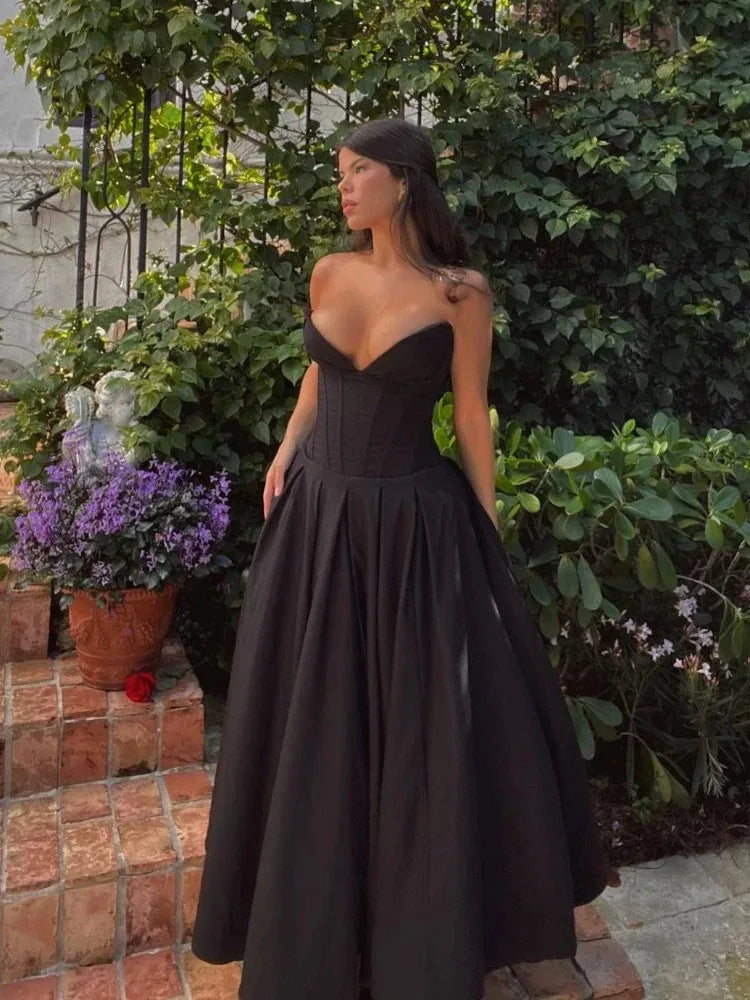 Elegant Black Strapless Corset Midi Dress