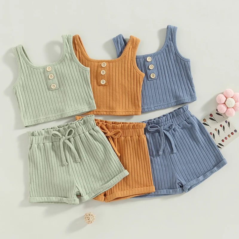Summer Girls' Solid Color Vest and Drawstring Shorts Set