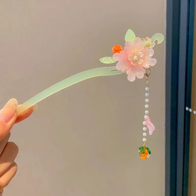 Elegant Chinese Enameled Flower Tassel Hairpin