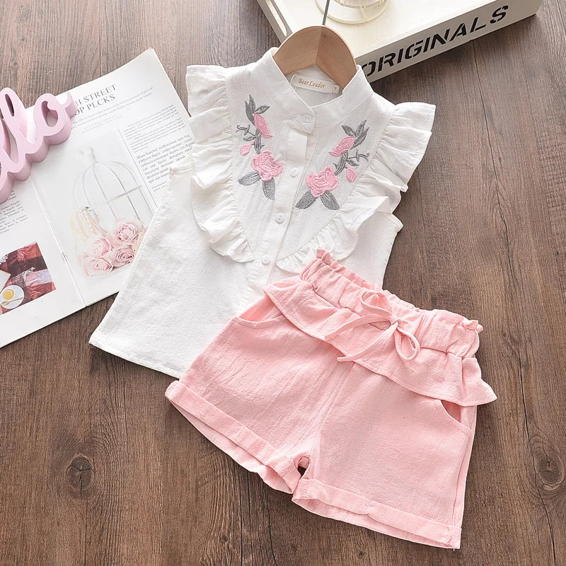 Embroidered Sleeveless Shirt And Shorts Set