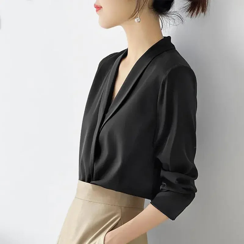 Elegant V-Neck Silk Satin Tunic Blouse