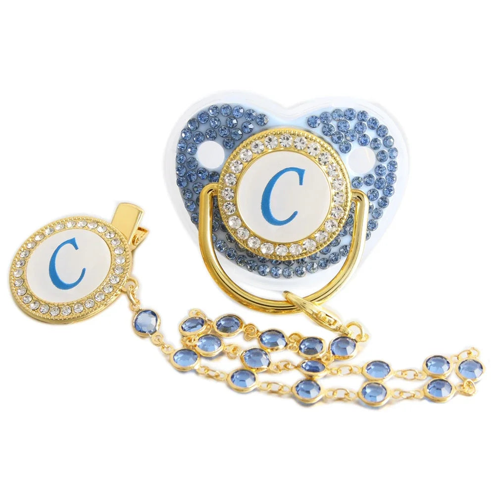 Blue Letter Pacifier with Beaded Gem Clip