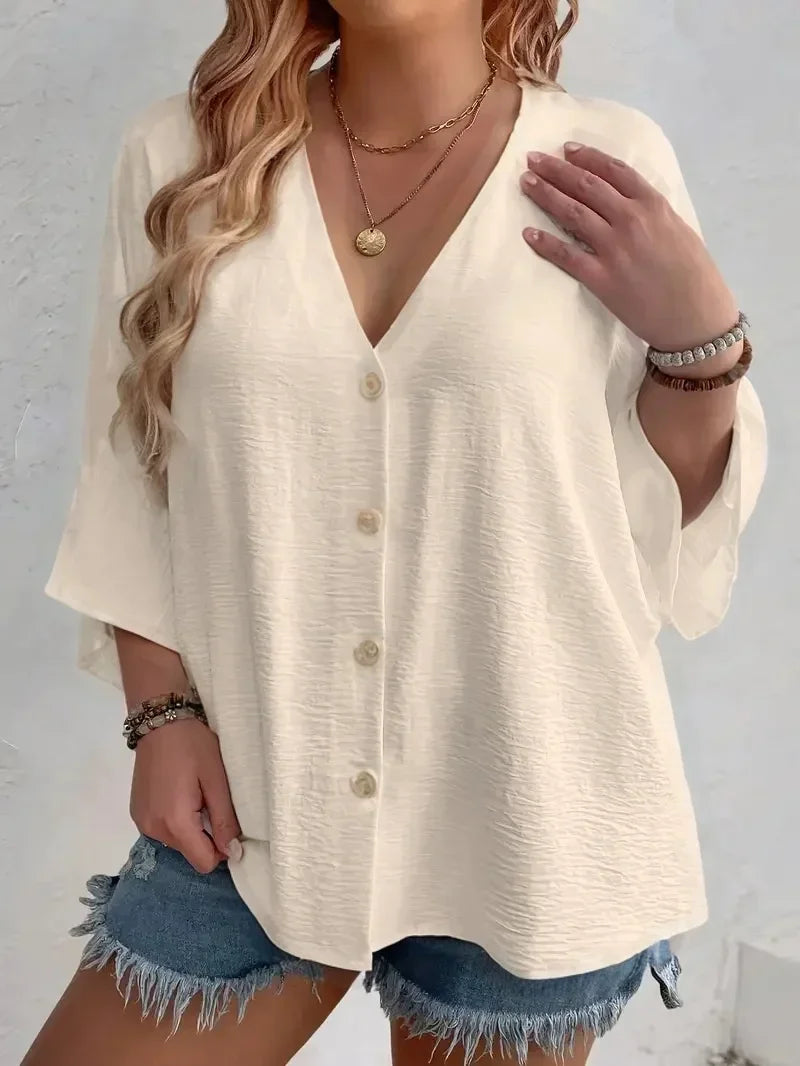 Plus-Size V-Neck Button T-Shirt
