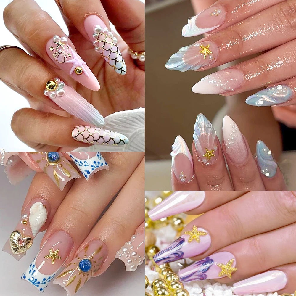 Ocean-Themed Gold Nail Charms Set