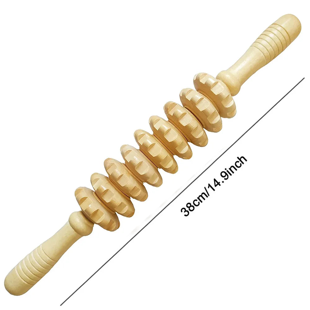 Wooden 9-Roller Handheld Massager Stick