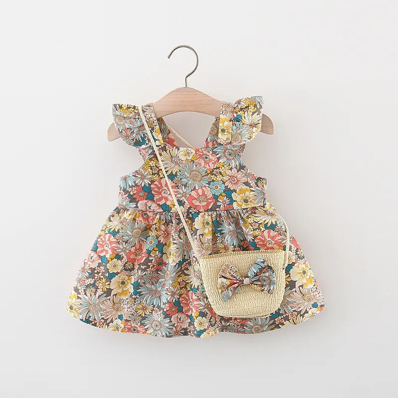 Vintage Garden Flower Baby Girl's Dress with Matching Straw Bag