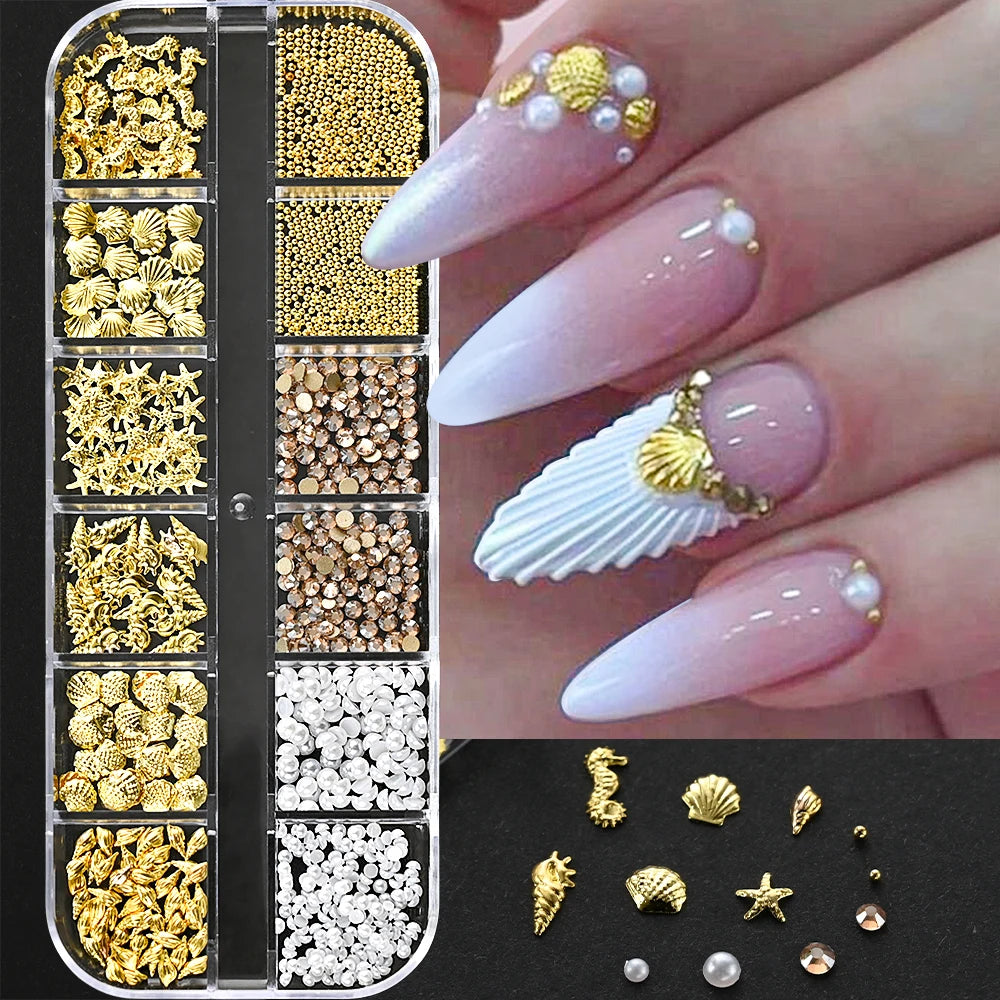 Ocean-Themed Gold Nail Charms Set