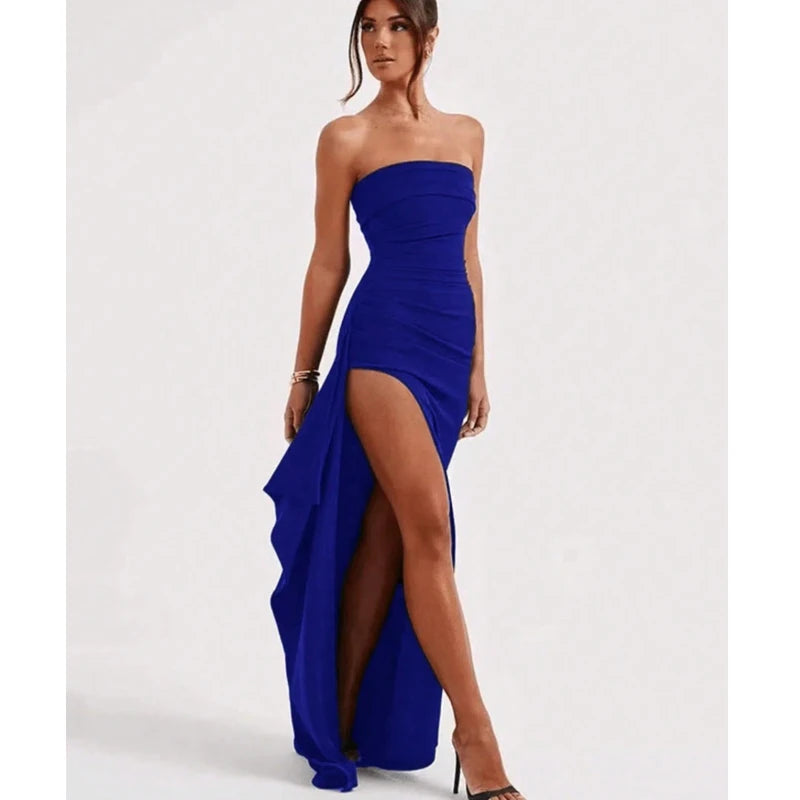 Elegant Strapless Backless High Slit Dress