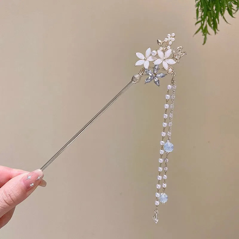 Elegant Chinese Enameled Flower Tassel Hairpin