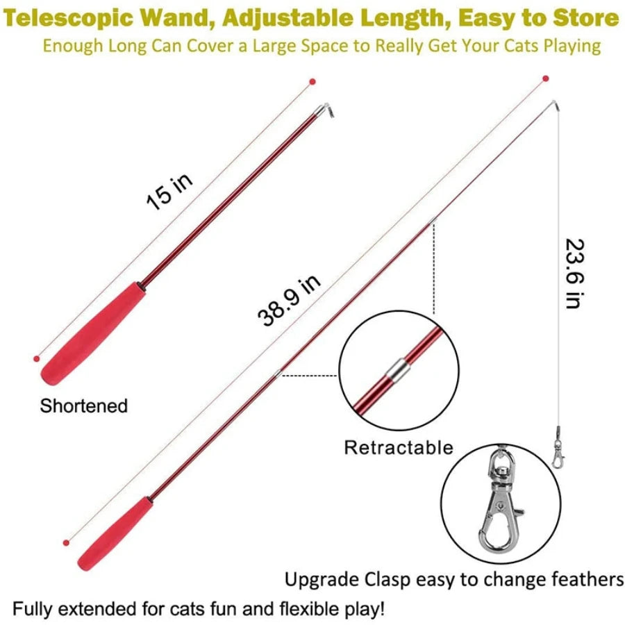 Feather Replacement Head Teaser Cat Toy Set with Rod